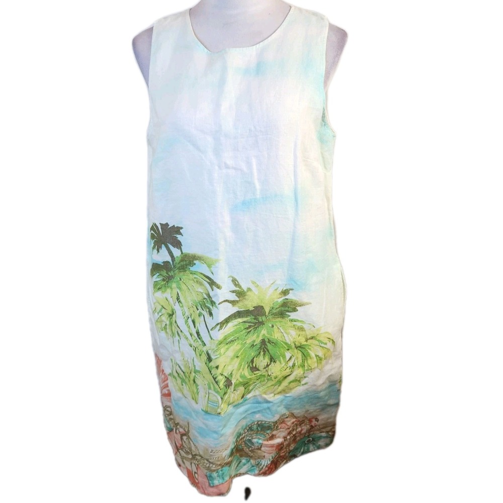J Jill Love Linen Shift Dress Sz Medium Resort Island Print Sleeveless Pullover‎